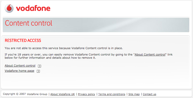 Vodafone informing users that content is blocked