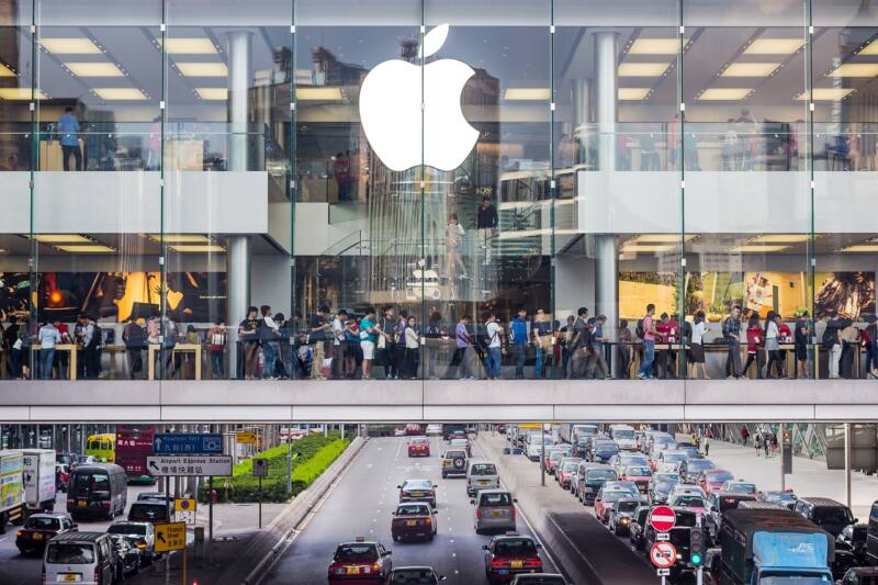 The Apple store in Hong Kong, crowded with people.