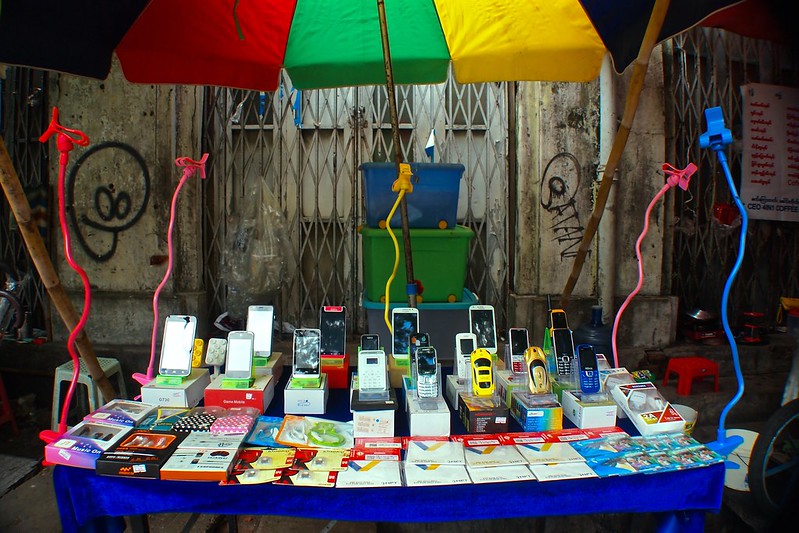 Mobile phone kiosk in Yangon, Myanmar.