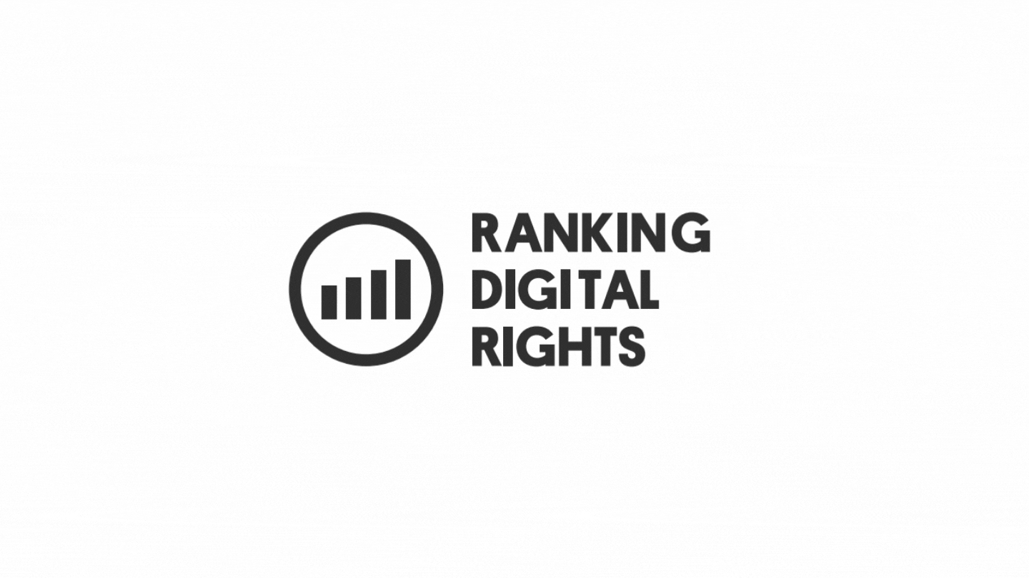 The animated gif begins with the old Ranking Digital Rights logo tumbling offscreen. We then see the new brand elements in various colors: arrows and circles. Text reads, “Ranking Digital Rights has a new look.” Different versions of the logo are shown. Then the tagline: “Advancing corporate accountability in the digital age.” The gif ends with the official logo: 3 blue arrows and a salmon circle organized in a square to the left of the text, Ranking Digital rights. The tagline is below.