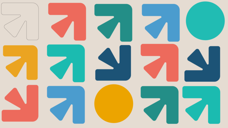 Multi-colored arrows and circles, the new brand elements