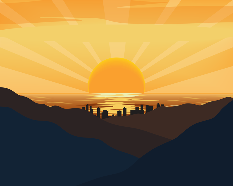 Digital illustration of a sunrise above a waterfront, with the silhouette of a city and mountains in the foreground. The sunlight symbolizes renewal of RDR's transparency work that this data breach settlement has enabled.